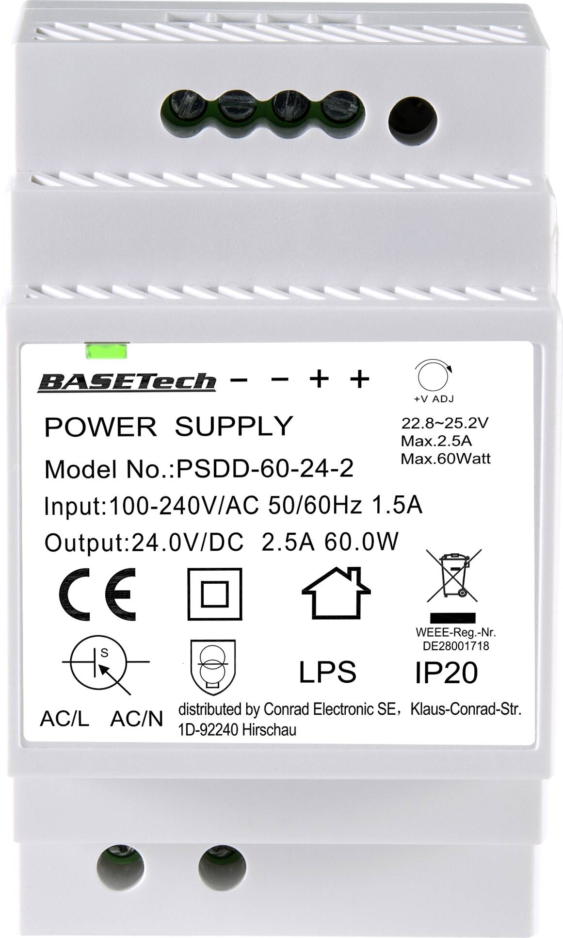 Basetech BT-2250321 Hutschienen-Netzteil (DIN-Rail) 24V 2.5A 60W Anzahl Ausgänge:2 x Inhalt 1St.