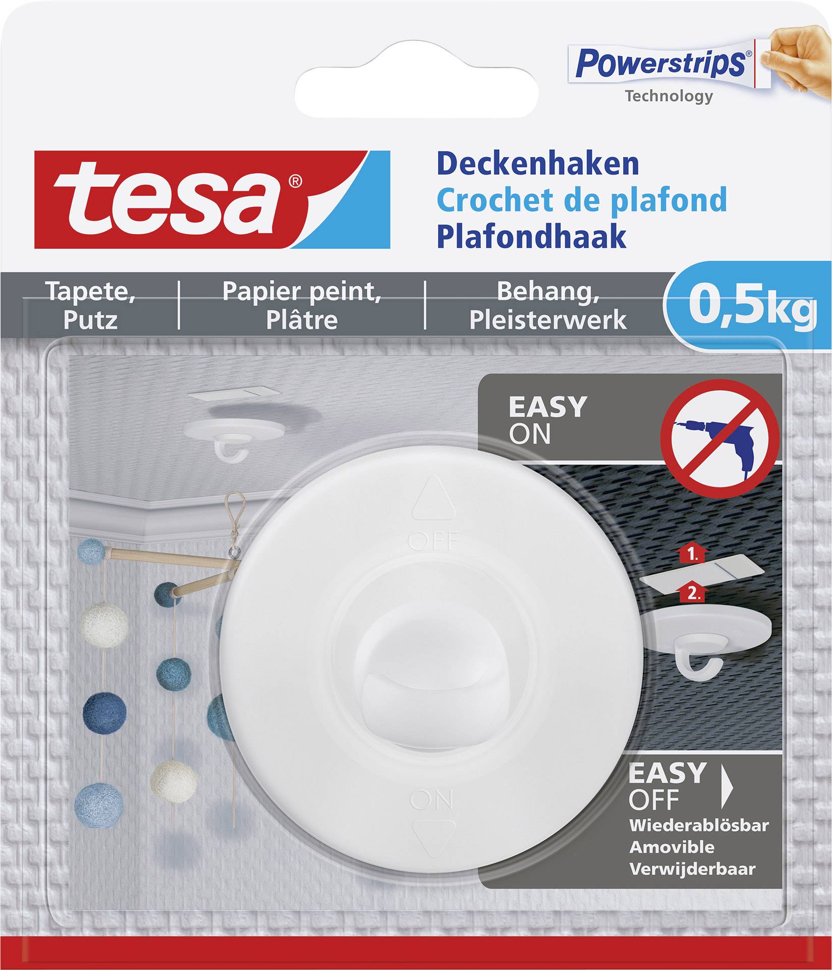 Verpackung eines Deckenhakens von tesa für Tapeten und Putz. Hält 0,5 kg. Einfach anzubringen und zu entfernen. Abb. zeigt Anwendung.