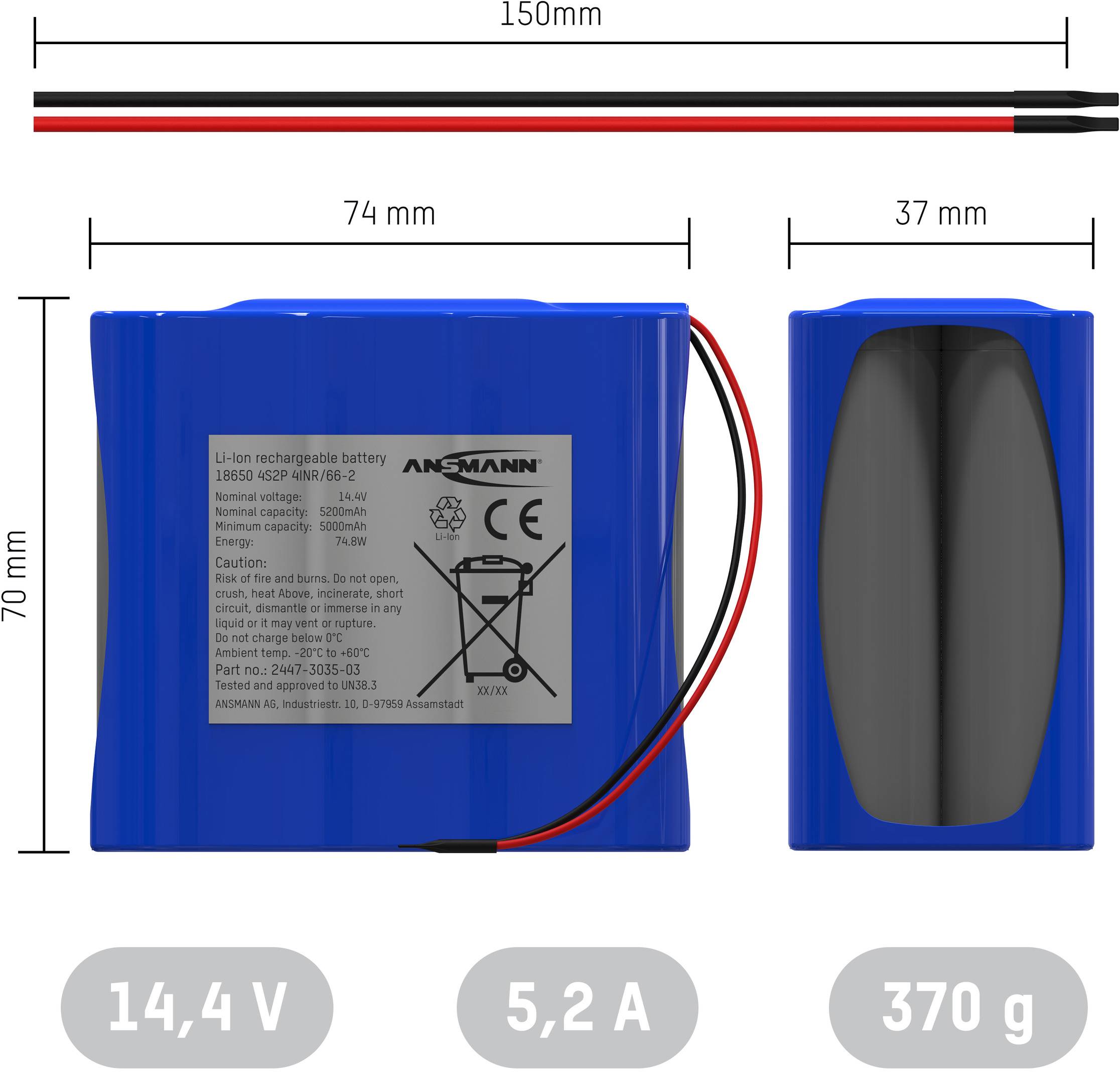 Ansmann 4S2P Akkupack 8x 18650 Kabel Li-Ion 14.4 V 5200 mAh