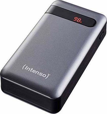 Eine silberne Powerbank der Marke 'Intenso' mit einer digitalen Anzeige, die '98' zeigt, was den aktuellen Ladezustand in Prozent anzeigt.