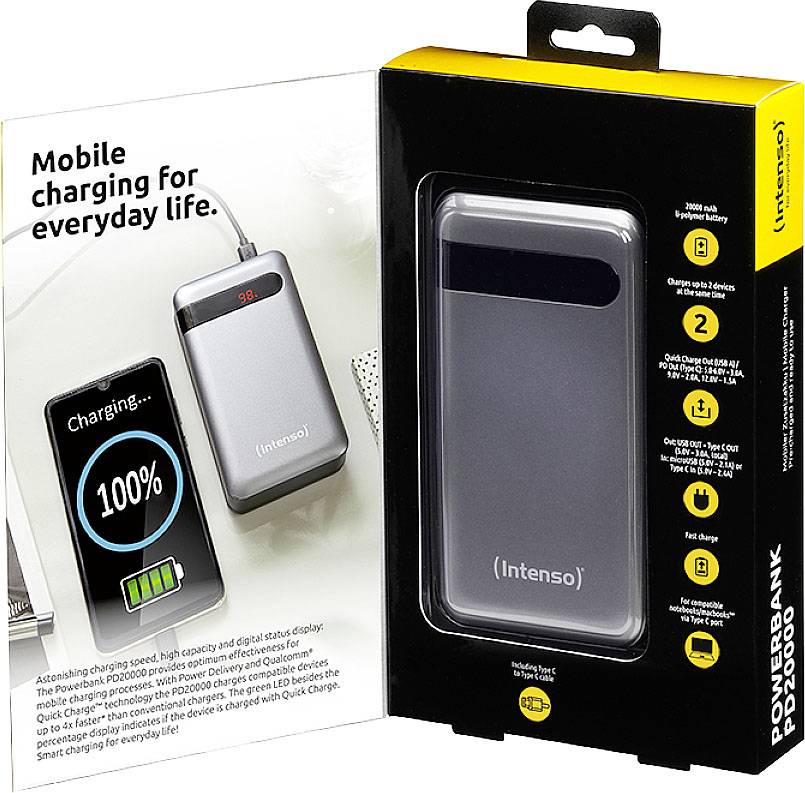 'Intenso' Powerbank-Verpackung zeigt das Produkt und Merkmale, wie 10.000 mAh Kapazität, schnelles Laden und Statusanzeige.