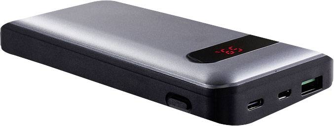 Eine schwarze und graue tragbare Powerbank mit einem digitalen Display, das die verbleibende Ladung anzeigt.