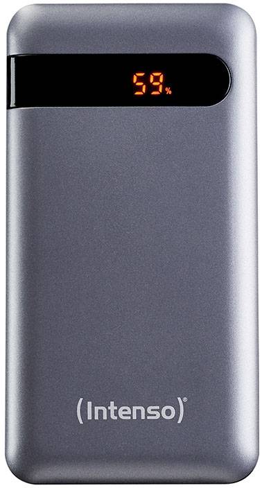 Eine tragbare Powerbank der Marke Intenso mit digitaler Anzeige zeigt '59%' an.
