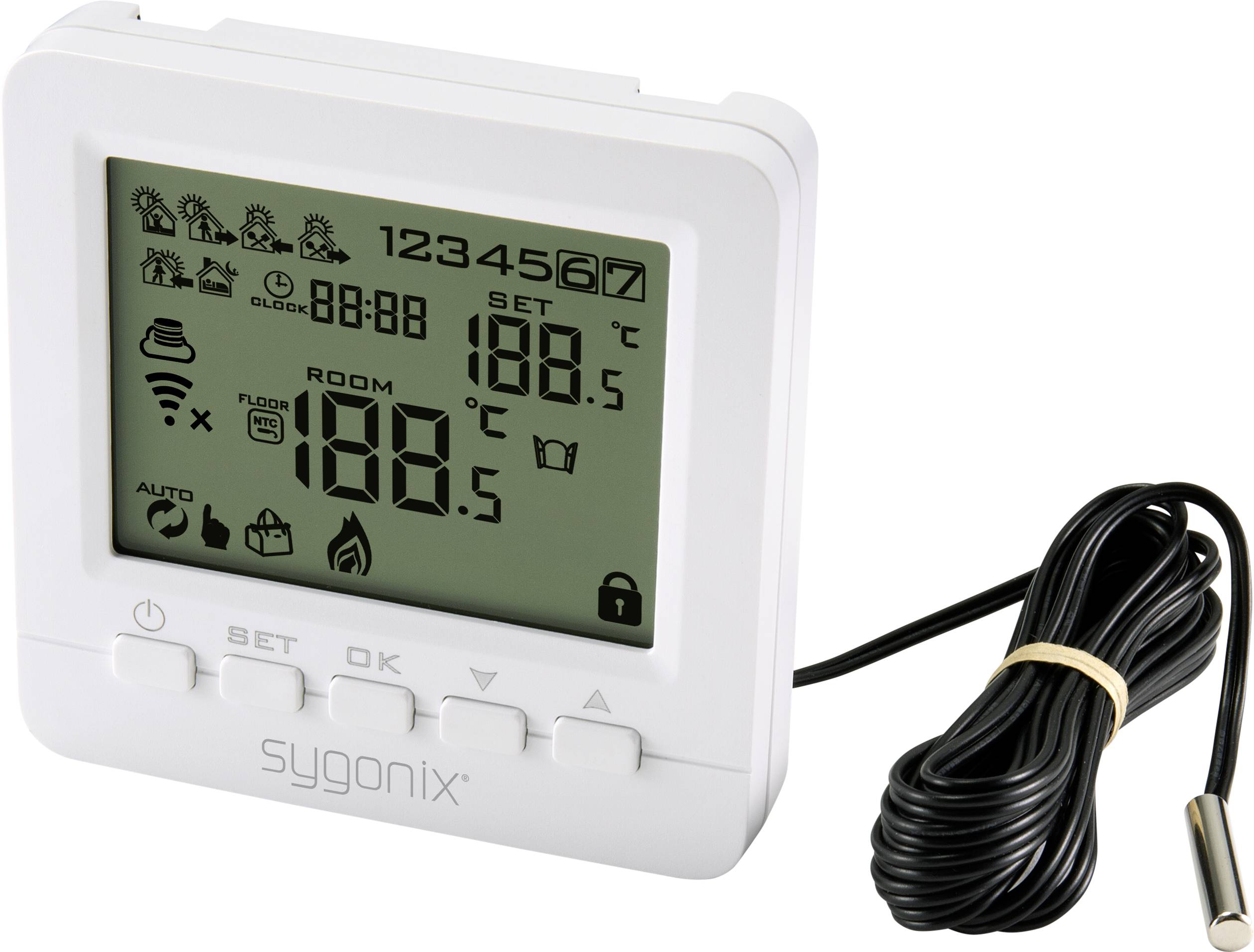 Digitales Thermostat mit großem LCD-Display, zeigt Uhrzeit, Temperatur, Heiz- und Zeitplan-Einstellungen. Rechts ein Temperatursensor mit Kabel.