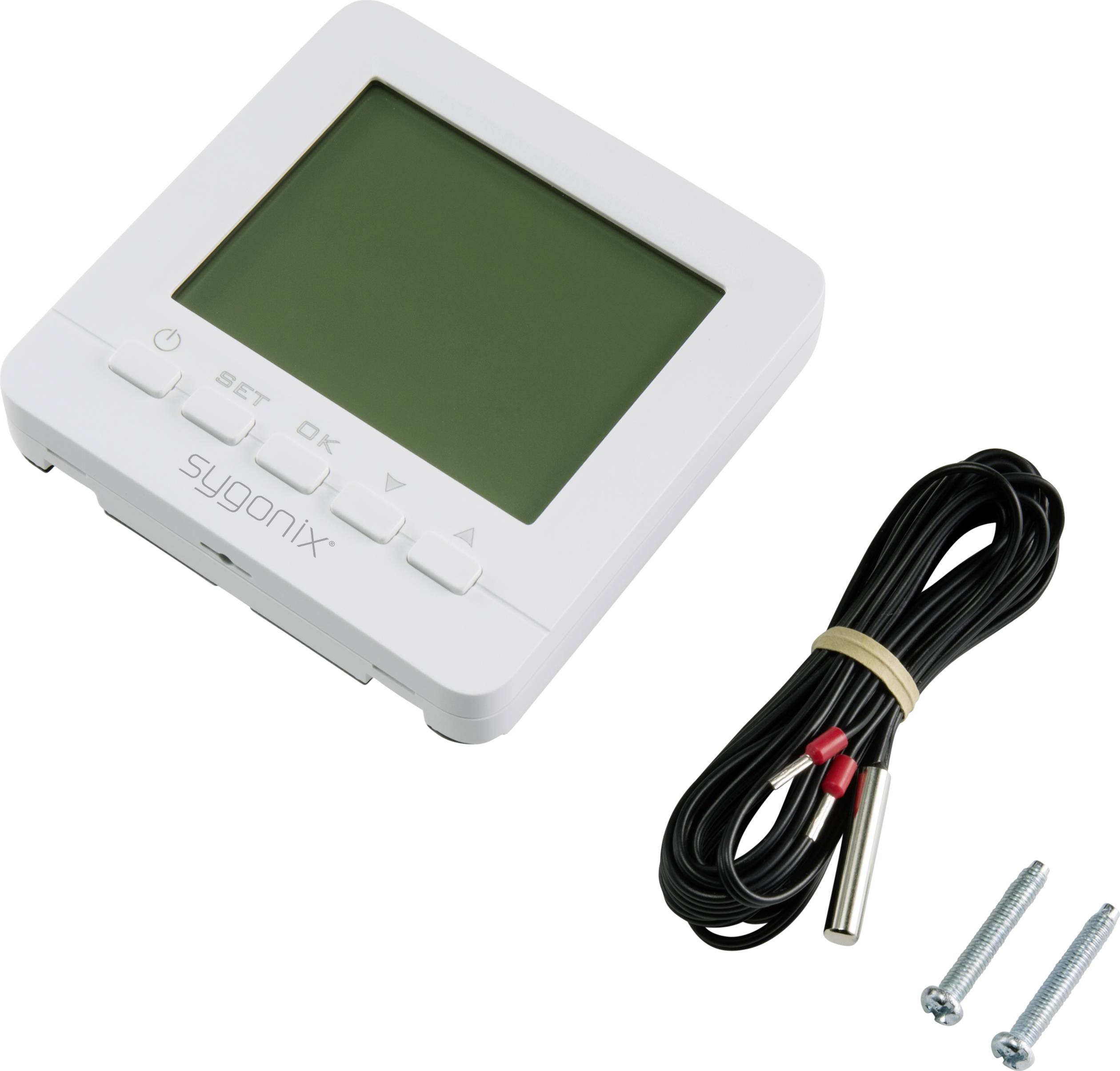 Digitaler Thermostat mit Anzeige, Bedientasten und Anschlusskabel. Enthält zwei Schrauben zur Montage.