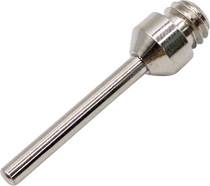 Ein hochwertiger, silberner Metallschaft mit Gewinde und schmalem Durchmesser, möglicherweise ein Teil eines Werkzeugs oder Geräts.