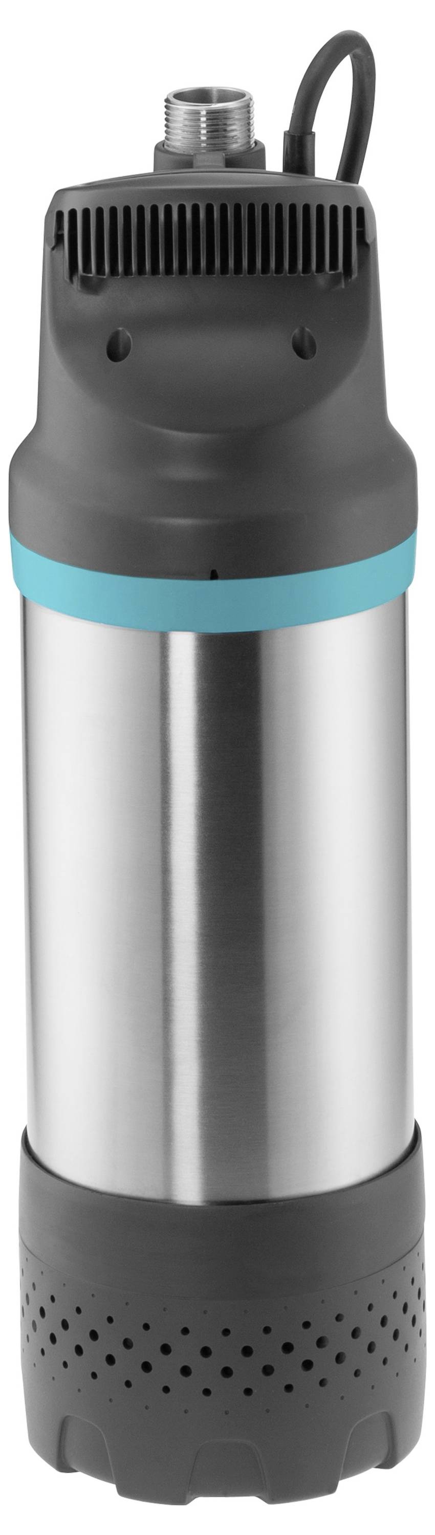 Eine Wasserpumpe aus Edelstahl und Schwarz, die wasserdicht ist, mit einem blauen Streifen, mit einer oberen Einlassöffnung und einem unteren Filter für den Flüssigkeitszugang.