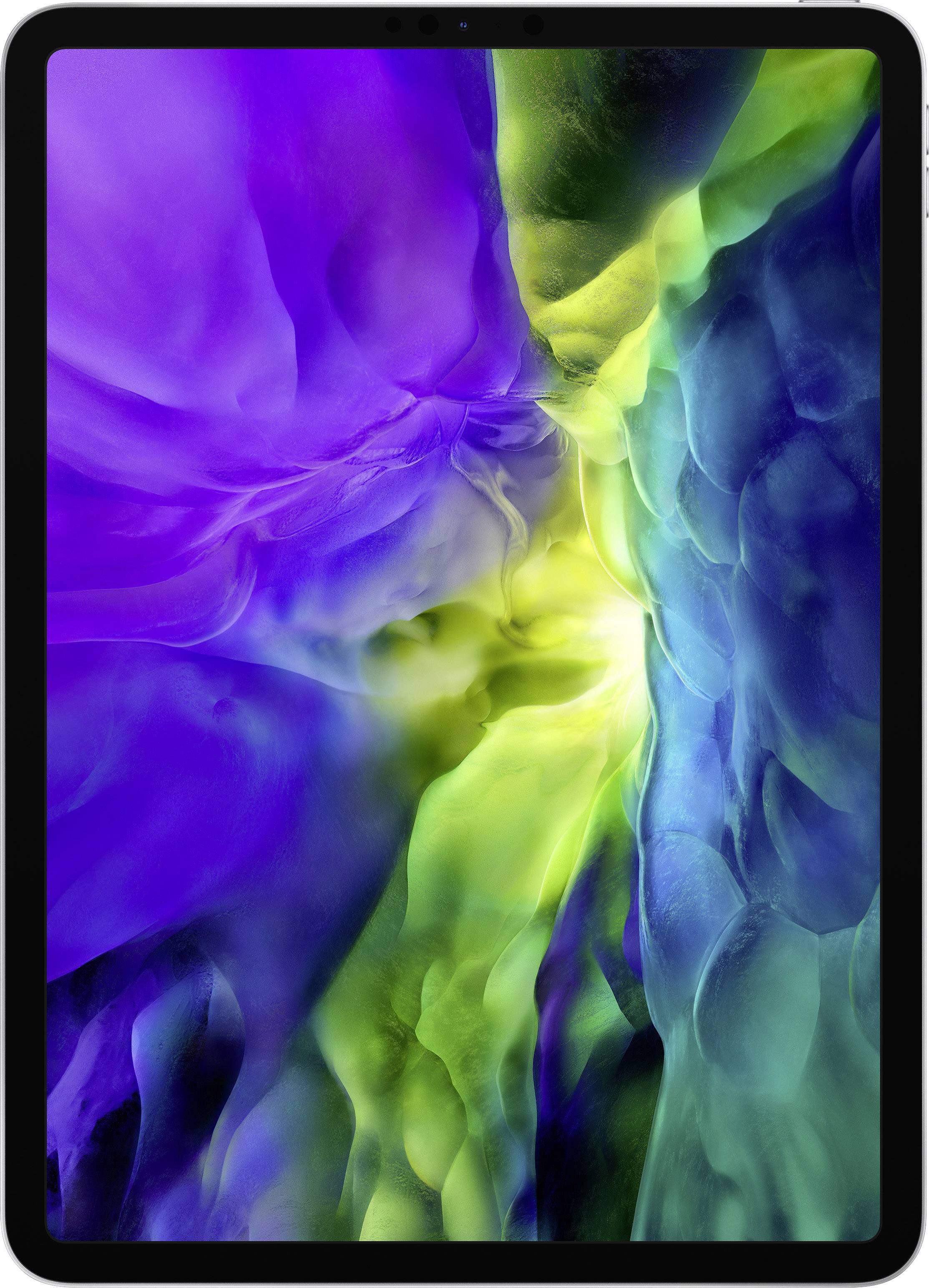 Ein Tablet mit einem farbenfrohen, abstrakten Hintergrund aus Violett-, Blau- und Grüntönen, die fließend ineinander übergehen.