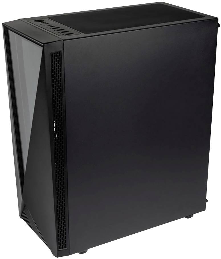 Schwarzes Computergehäuse mit glatter Vorderseite und transparentem Seitenpanel, geeignet für Desktop-Computer-Bauprojekte.