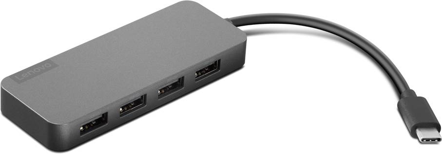 Ein schwarzer USB-Hub mit vier USB-Anschlüssen und einem kurzen Kabel mit USB-C-Stecker, auf weißem Hintergrund.