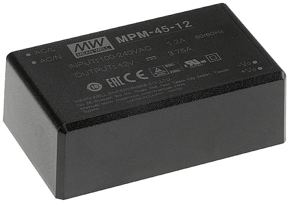 Ein schwarzes Netzteil mit der Aufschrift 'MPM-45-12' für Eingänge von 100-240V AC und einer Ausgangsspannung von 12V.