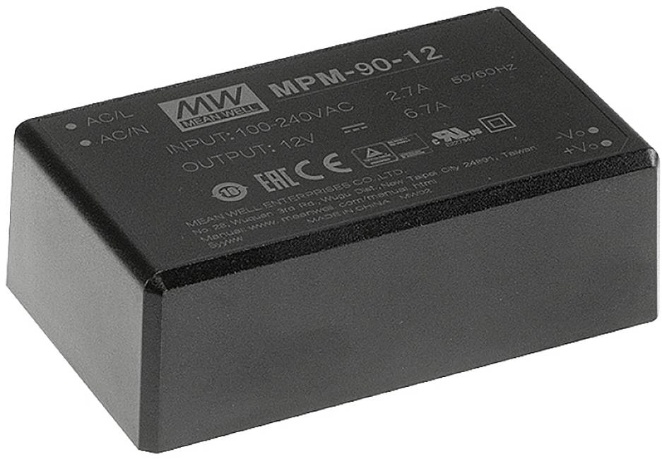 Industrienetzteil in schwarzem Gehäuse, Modell 'MPM-90-12' von MEAN WELL, Eingang 100-240V AC, Ausgang 12V, 90 Watt Leistung.