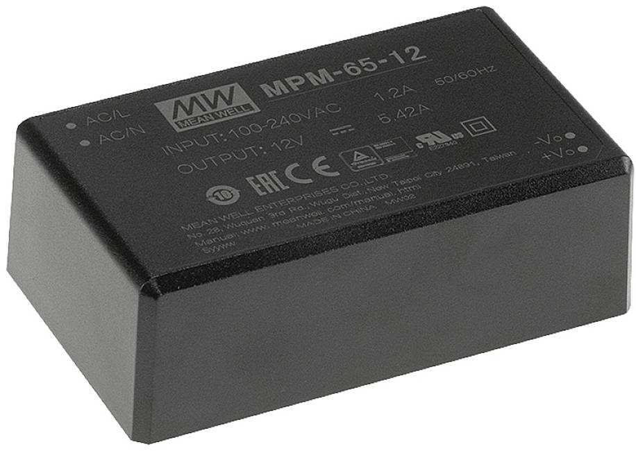 Schwarzes, rechteckiges Netzteil von Mean Well. Aufschrift zeigt: 'MPM-65-12', Eingang 100-240V, Ausgang 12V, 5,42A.