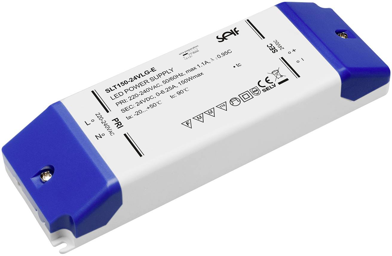 LED-Netzteil mit blau-weißer Abdeckung, Modell 'SLT30-24VLG-E'. 30 Watt, 24V, IP20, für Innenbeleuchtung geeignet, von SELF Electronics.