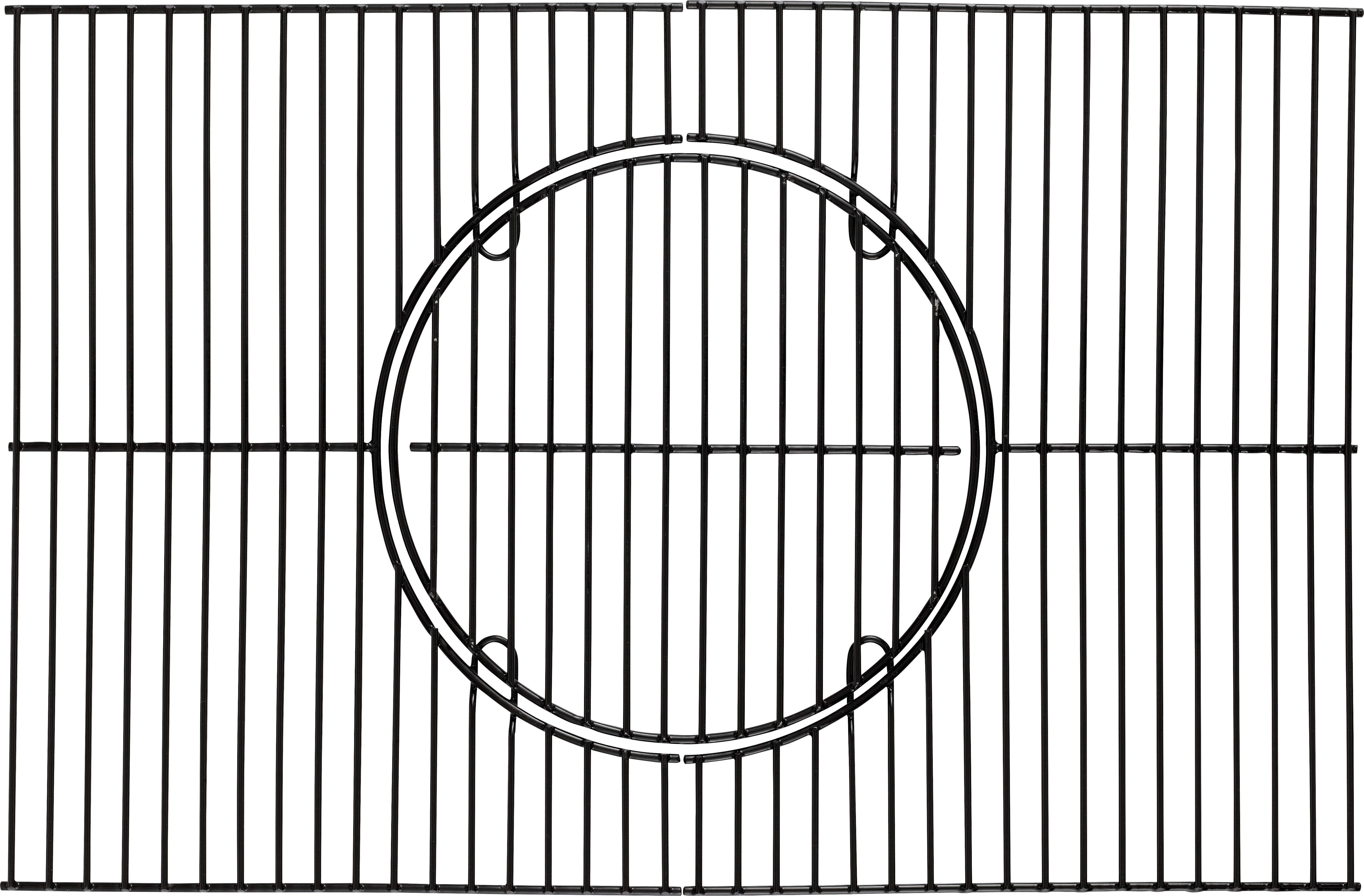 Schwarzes Ofengitter in rechteckiger Form mit ovalem Mittelpunkt. Verwendet zum Grillen oder Backen, gleichmäßige Stangenabstände.