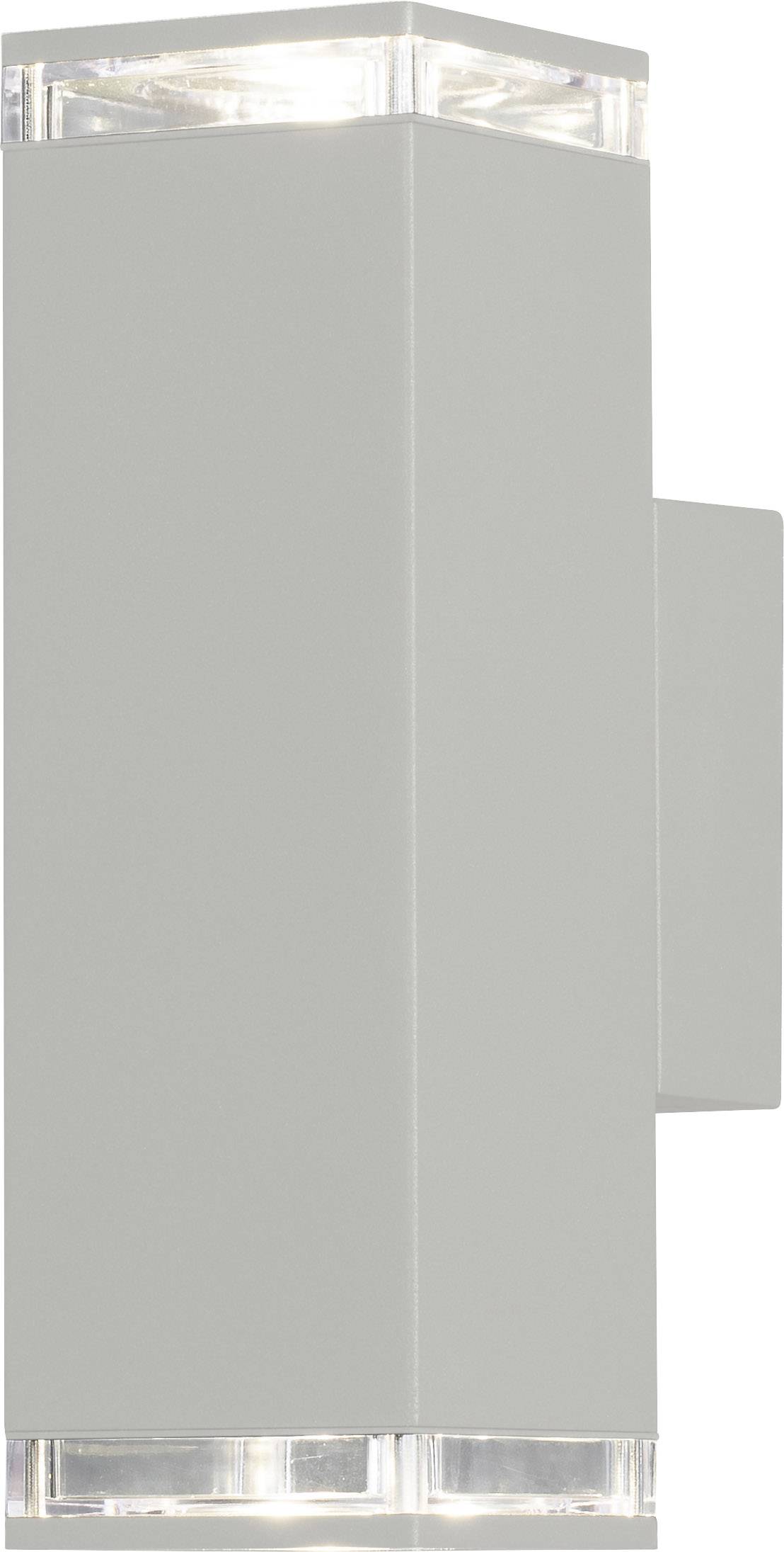 Moderne, zylindrische Außenwandleuchte in Grau mit Lichtauslässen oben und unten.