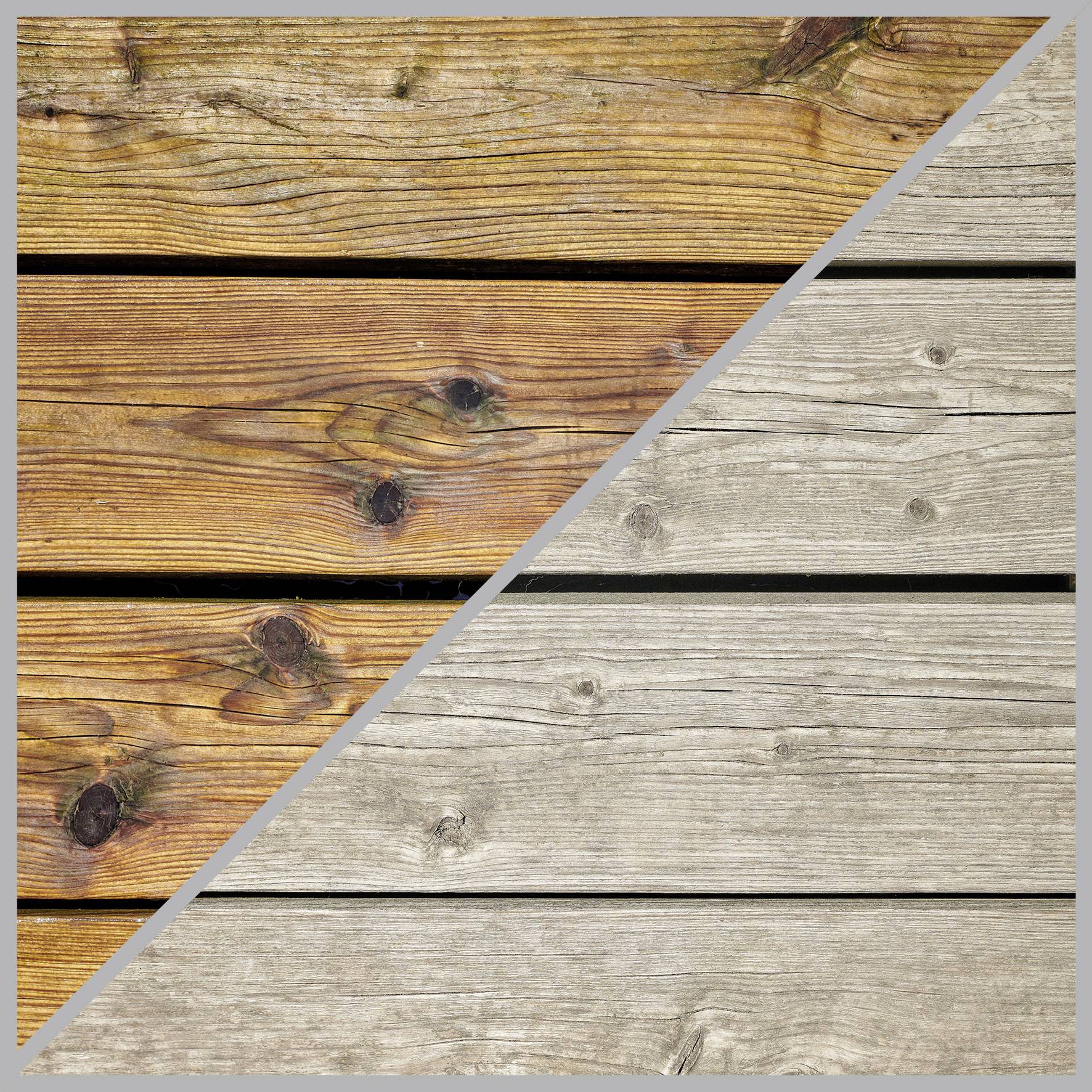 Diagonal geteiltes Bild zeigt links neue, warme Holzdielen und rechts verblasste, verwitterte Holzdielen. Vergleich von alt und neu.