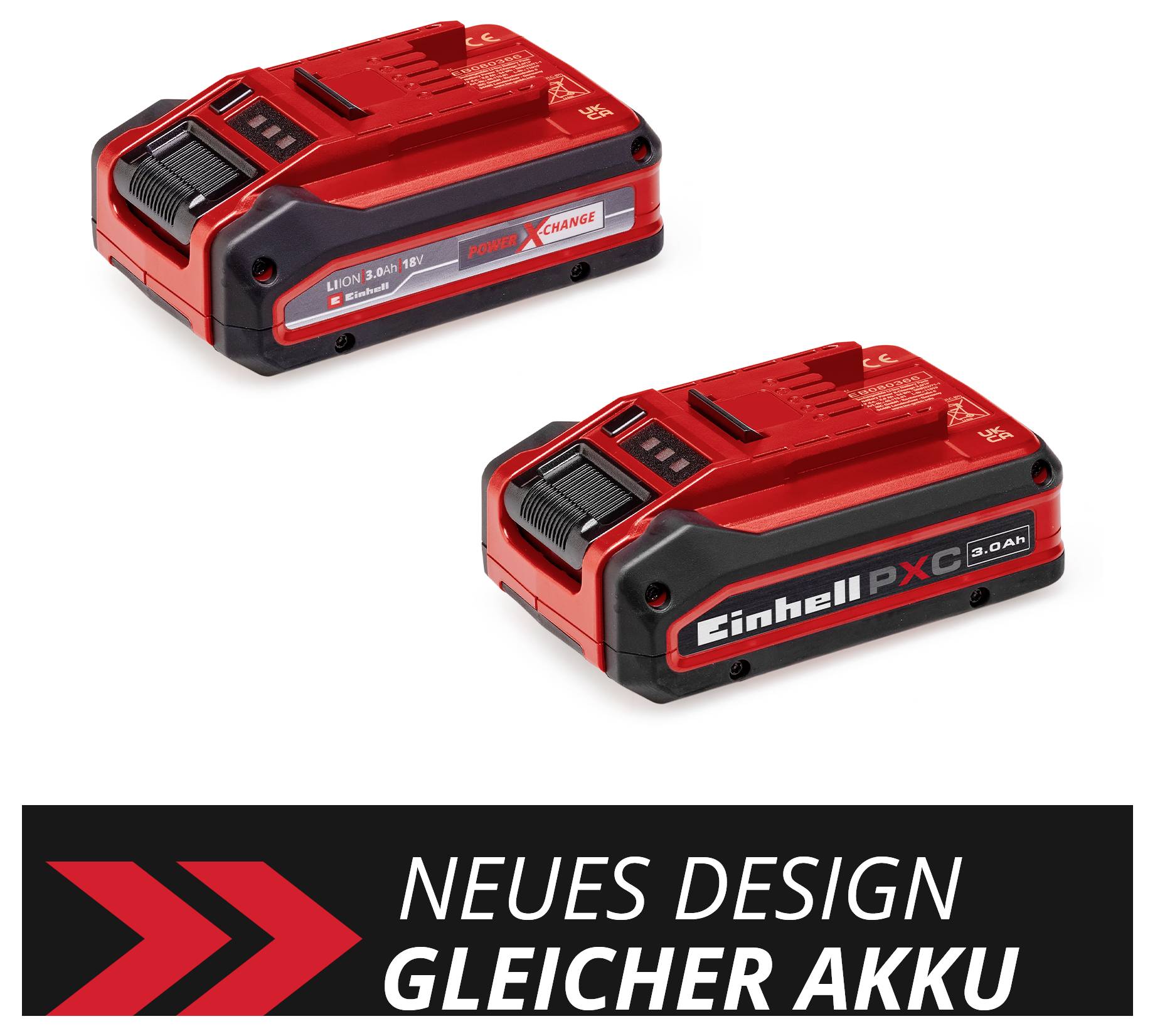 Zwei rote Einhell-Akkus nebeneinander. Text im Bild: 'Neues Design, gleicher Akku'. Akku-Spezifikationen sind sichtbar.