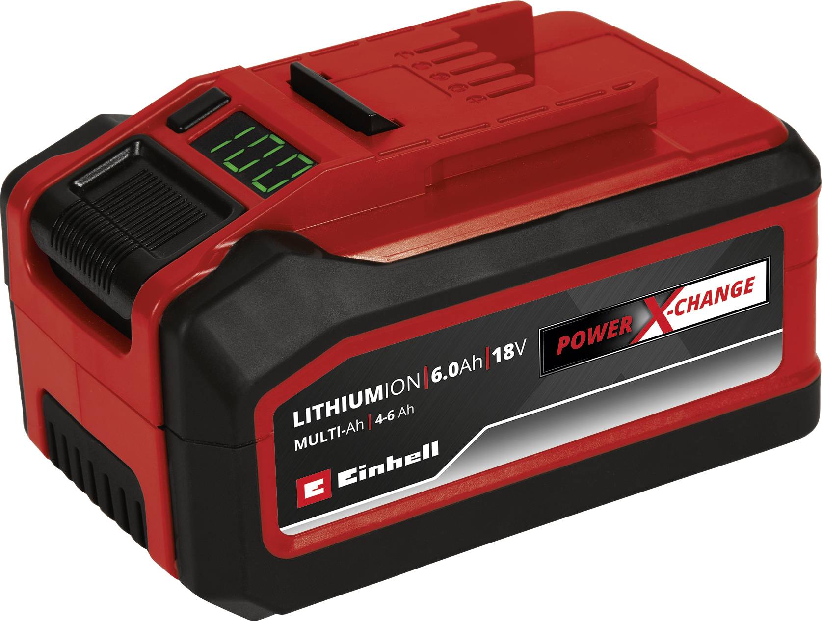 Ein rotes und schwarzes Akkupack mit digitaler Ladeanzeige. Text auf dem Akkupack: 'Lithiumion 6.0Ah 18V', 'Power X-Change'.