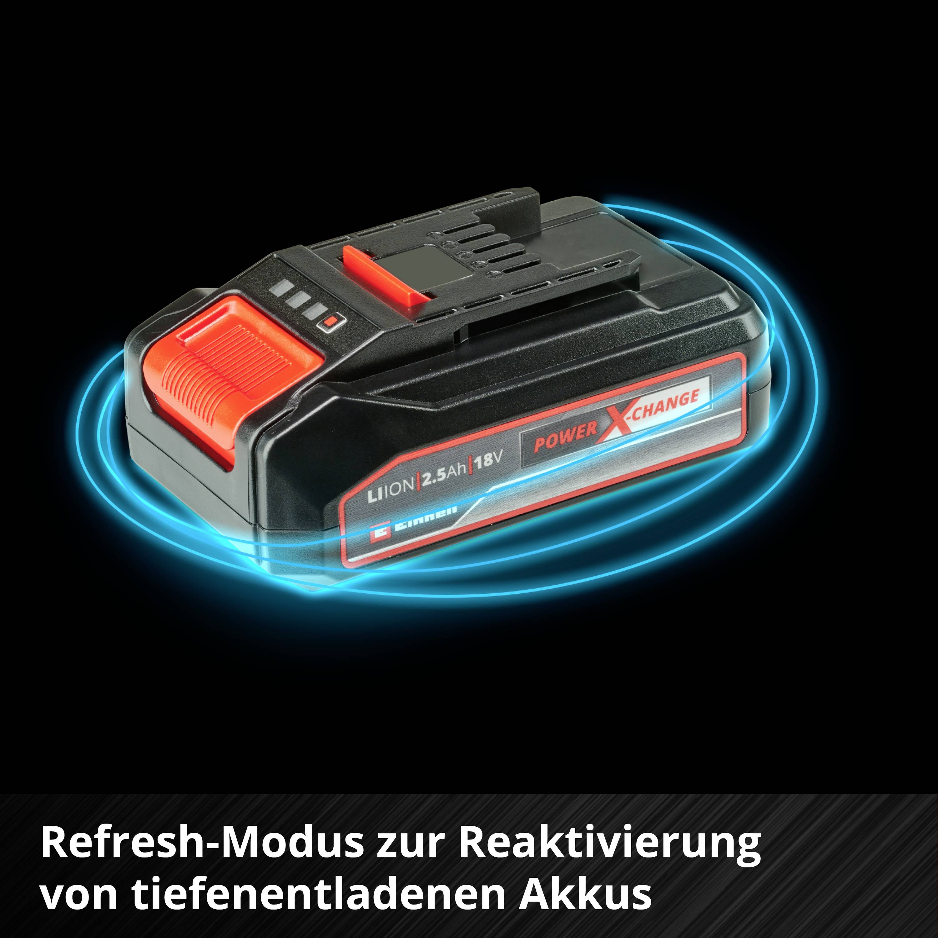 LiIon 2.5Ah 18V Akku mit Refresh-Modus zur Reaktivierung von tiefentladenen Akkus von Einhell Power X-Change.