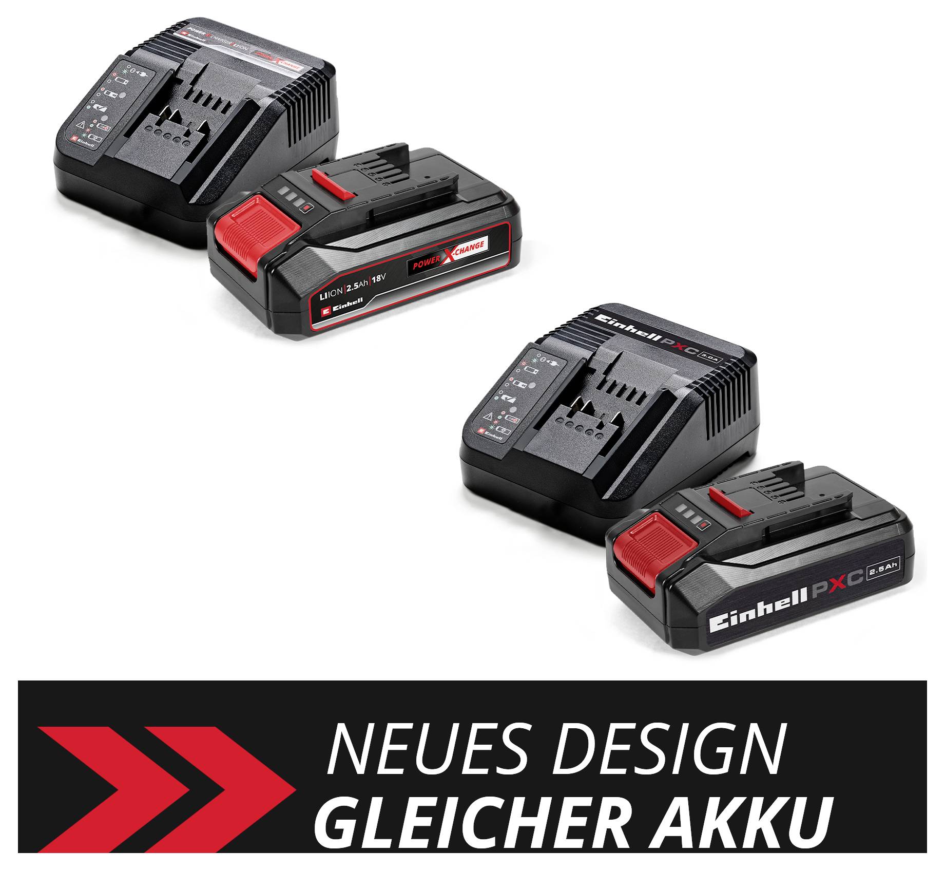 Werbegrafik mit zwei Einhell-Power-X-Change-Akkus und Ladegeräten; unten der Text 'NEUES DESIGN GLEICHER AKKU'.