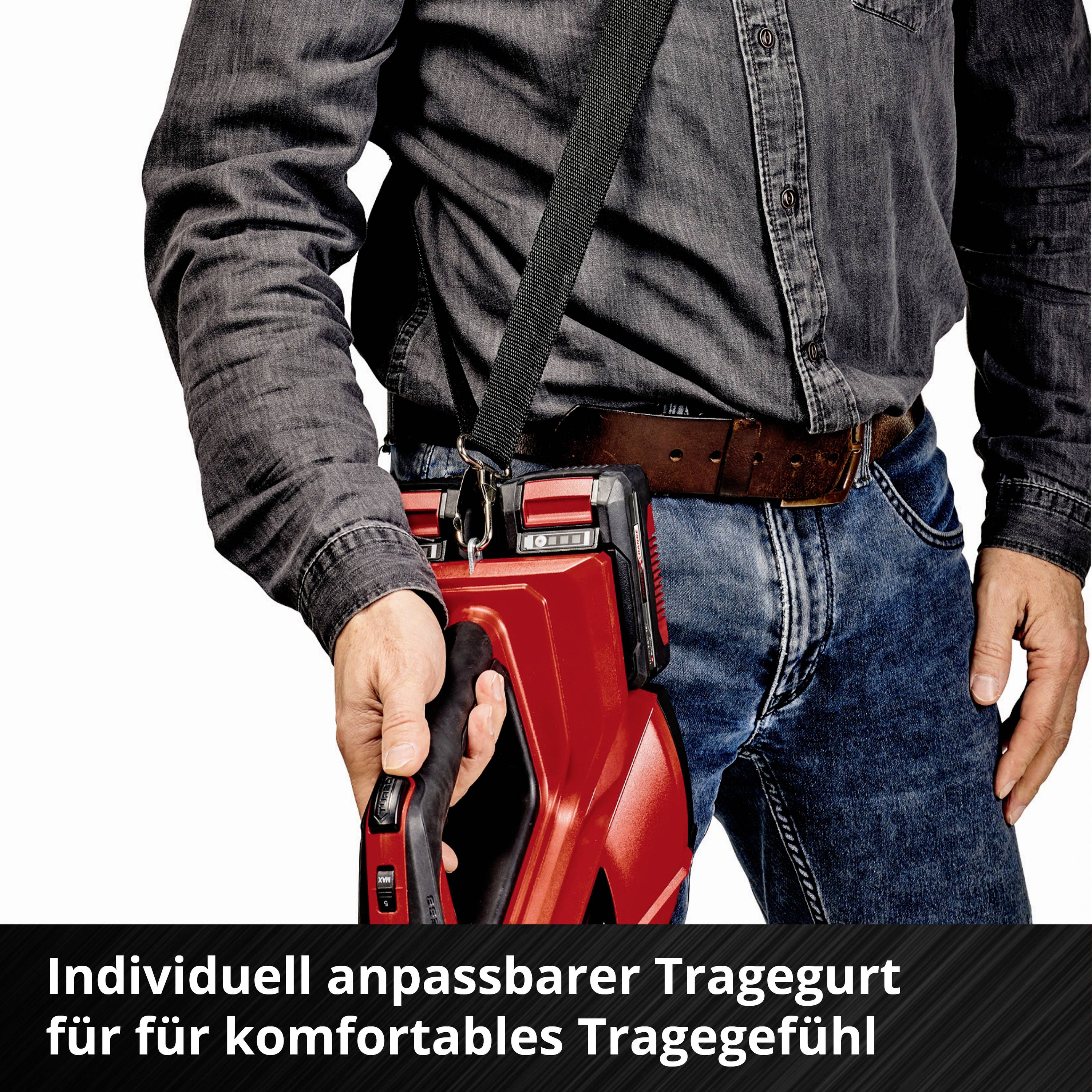 Person trägt Sicherheitsgurt. Text: Individuell anpassbarer Gurt für komfortables Tragegefühl, doppelter Haken für mehr Sicherheit.
