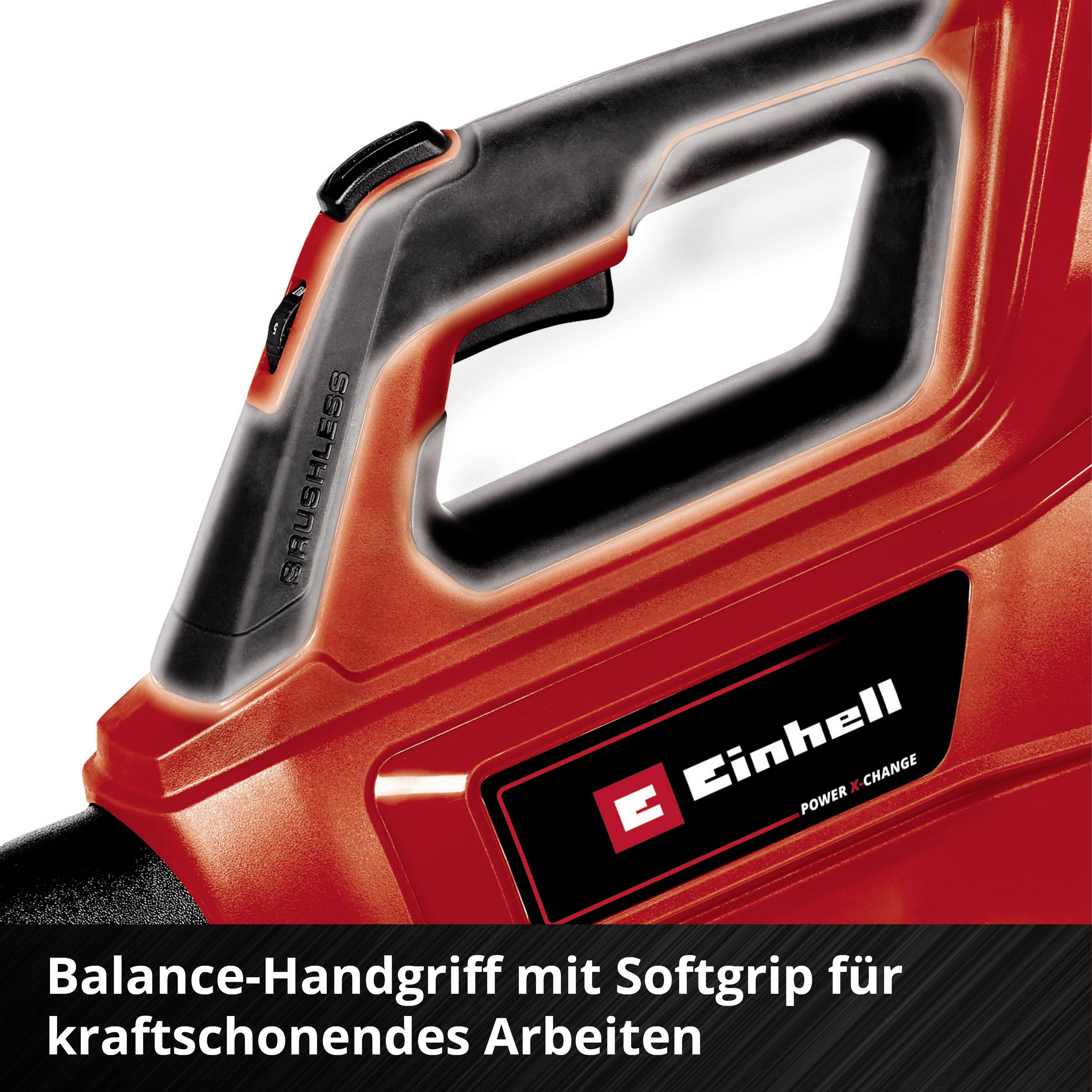 Ein roter Heckenschneider mit Softgrip-Handgriff, abgebildet ist der Markenname 'Einhell'. Text: 'Balance-Handgriff mit Softgrip für kraftschonendes Arbeiten'.