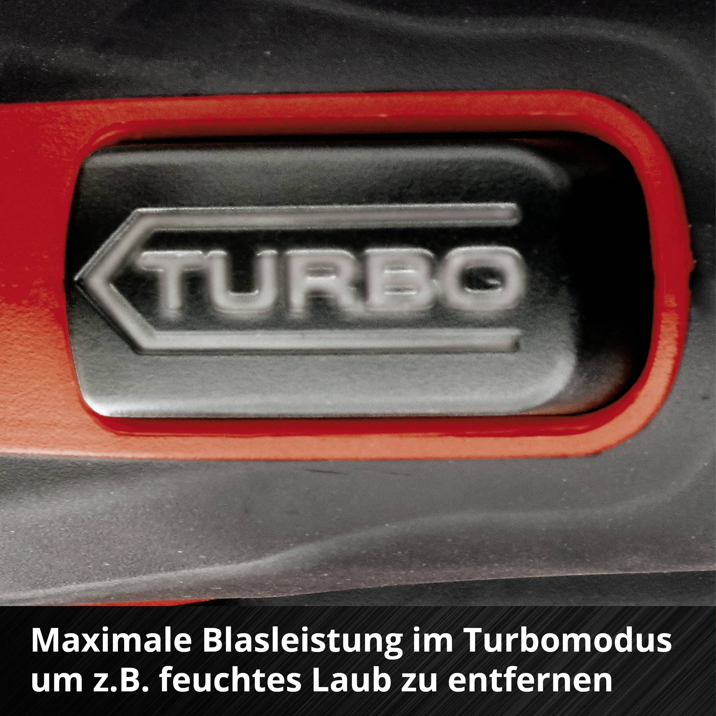 'TURBO'-Taste auf rotem Hintergrund. Text darunter: 'Maximale Blasleistung im Turbomodus, um z.B. feuchtes Laub zu entfernen'.