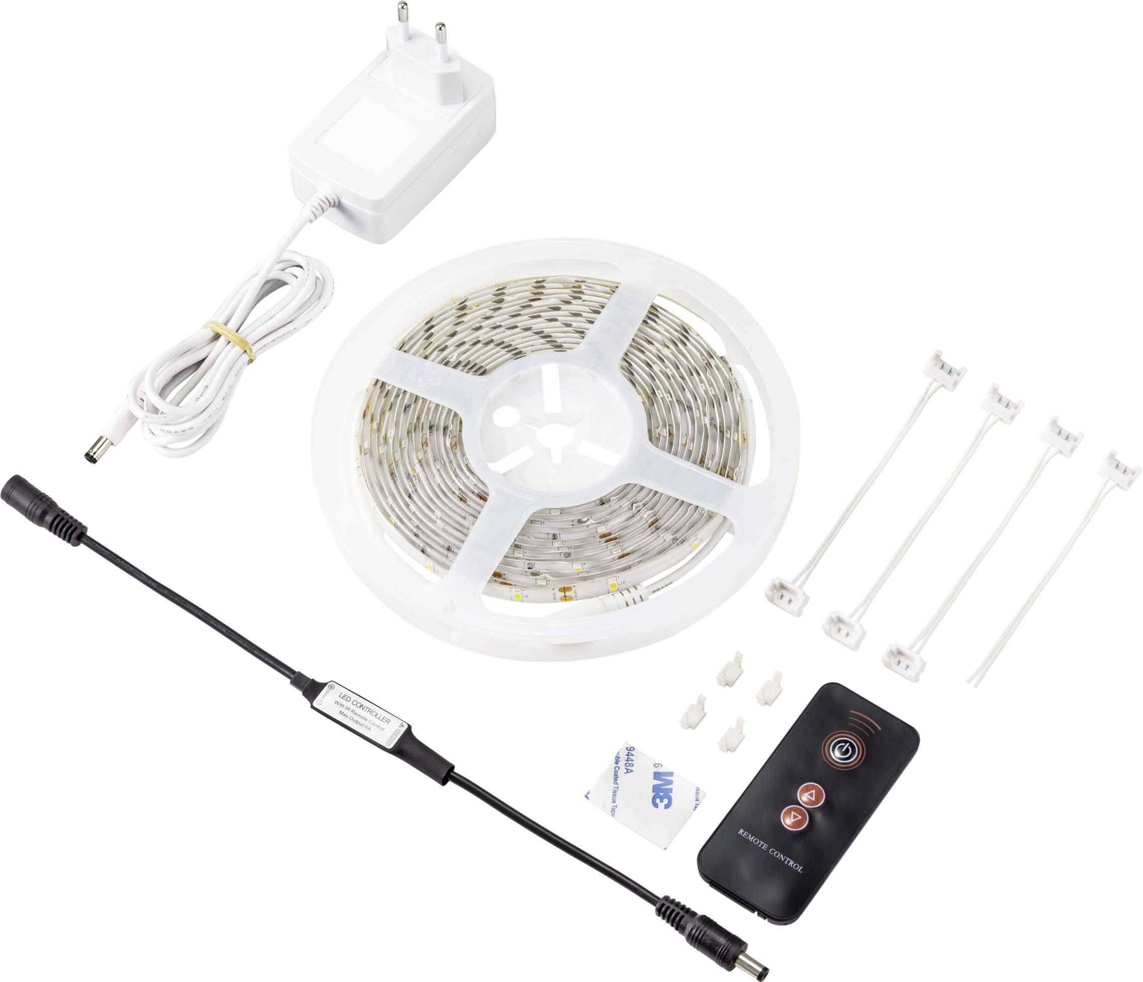 LED-Lichtband-Set mit Netzteil, Fernbedienung, Verbindungsstücken und Haltern. Ideal zur dekorativen Beleuchtung.