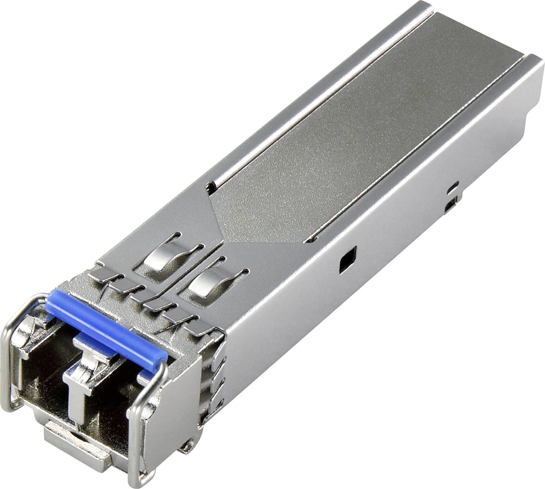 Ein silberner SFP-Modul-Transceiver, der in Netzwerkgeräten zur optischen Signalverarbeitung verwendet wird.