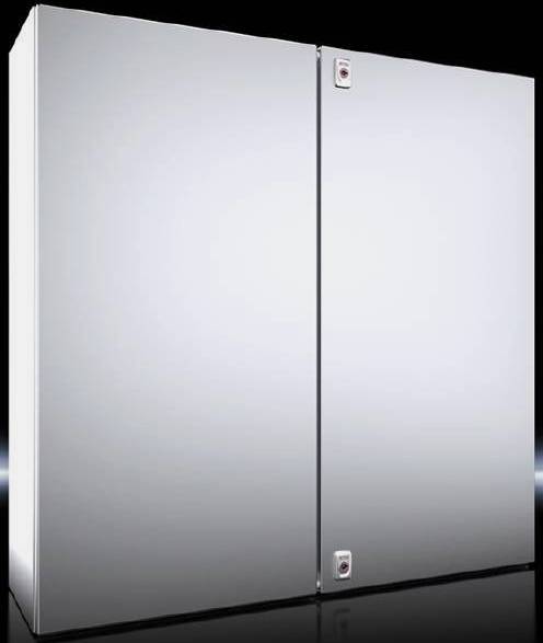 Ein großer, rechteckiger, silberner Metallschrank mit zwei verschlossenen Türen vor einem schwarzen Hintergrund.