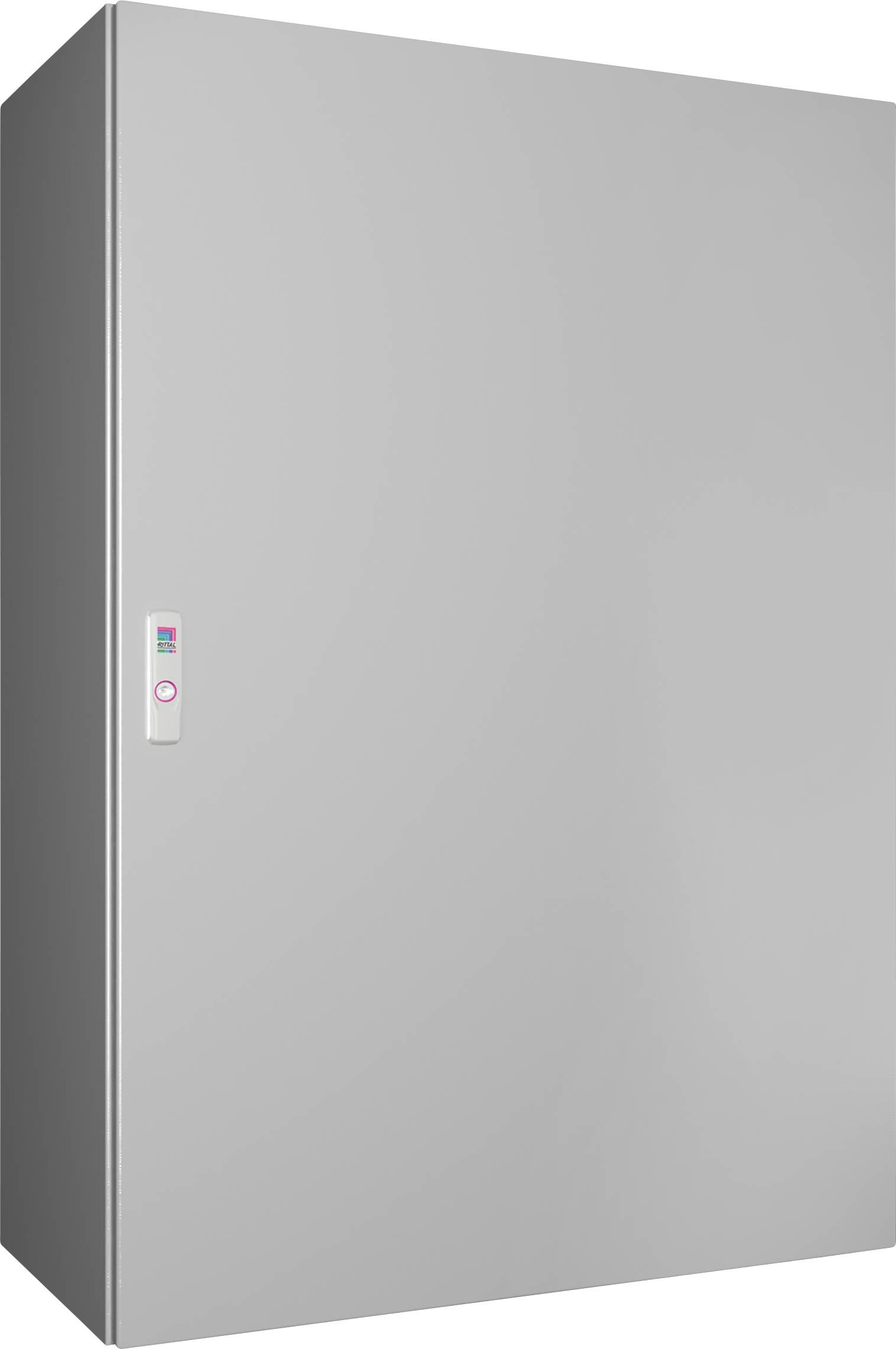 Ein großer, grauer, rechteckiger Schrank mit einer kleinen Bedienleiste an der linken Seite; schlichtes, modernes Design.