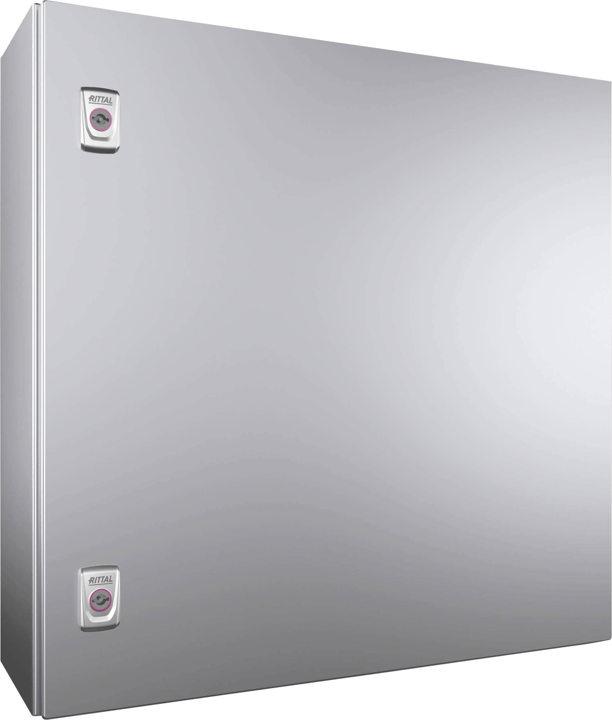 Silberner Metallschrank mit zwei runden Verschlüssen in der oberen linken Ecke. Schlichtes, industrielles Design.