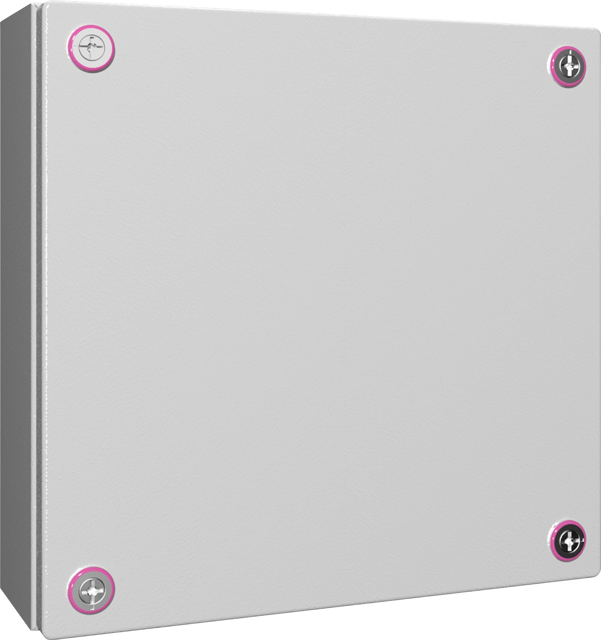 Metallischer Schaltschrank mit vier Schrauben in den Ecken, geeignet für elektrische Installationen in industriellen Umgebungen.