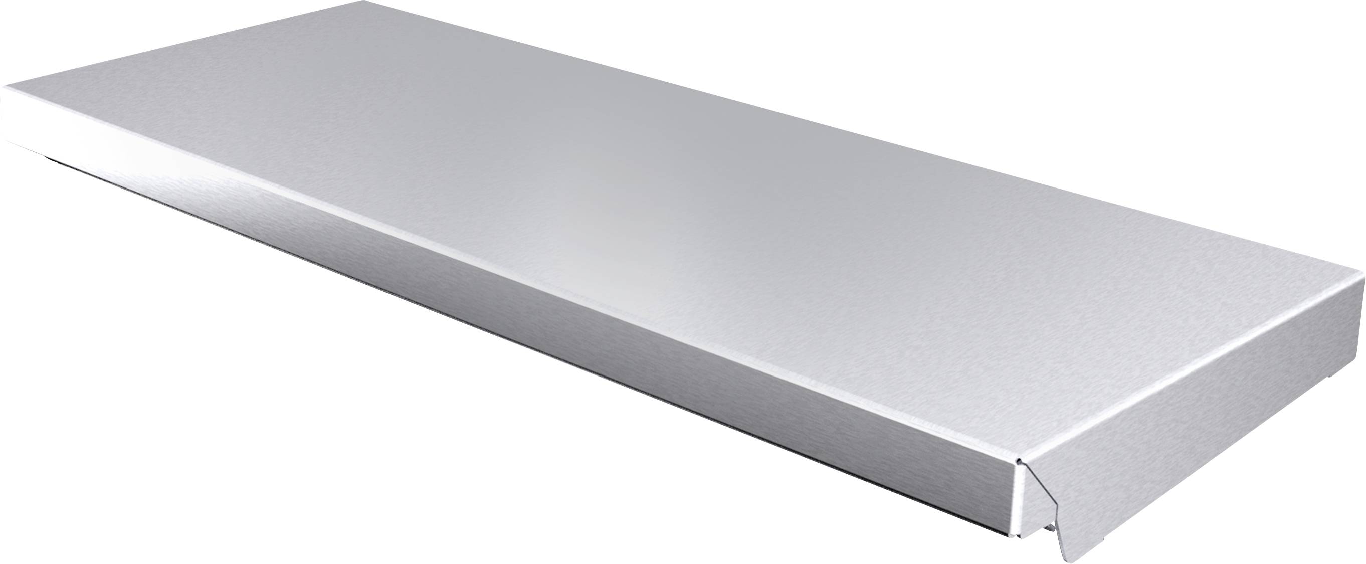 Metallplatte in silberner Farbe, rechteckig und flach. Sie spiegelt Licht wider und hat eine glatte Oberfläche.