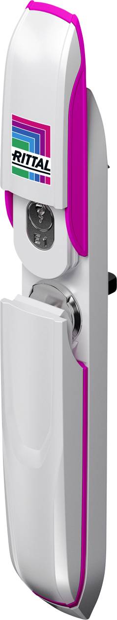 Ein moderner, weißer Türgriff mit magentafarbenen Akzenten, integriertem Schlüsselloch und Firmenlogo. Hauptsächlich zur Sicherung.