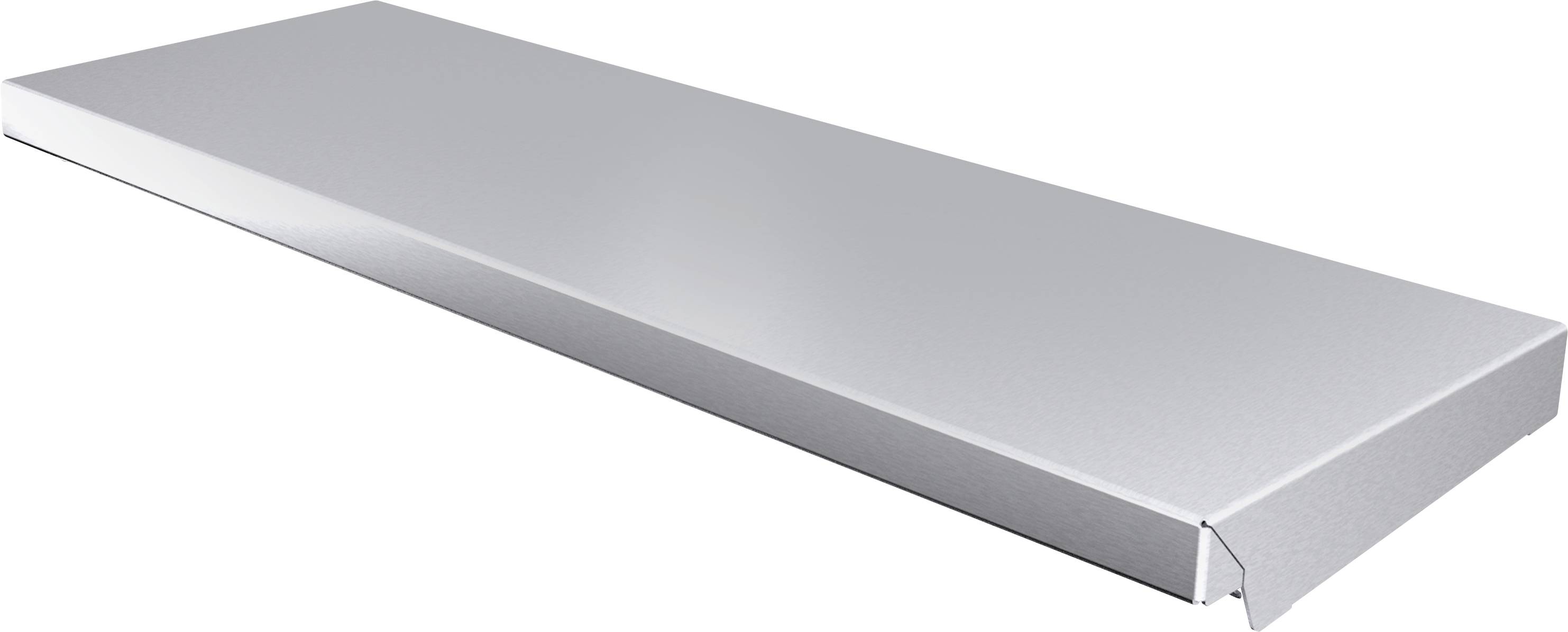 Metallischer Parallelogramm-Kasten in Silber, ähnlich einem Bauteil oder einer Abdeckung.