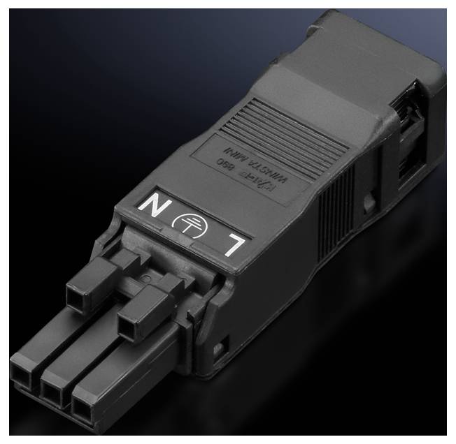 Schwarzer elektrischer Stecker mit zwei Anschlüssen, gekennzeichnet mit 'N' und 'L', auf dunklem Hintergrund.