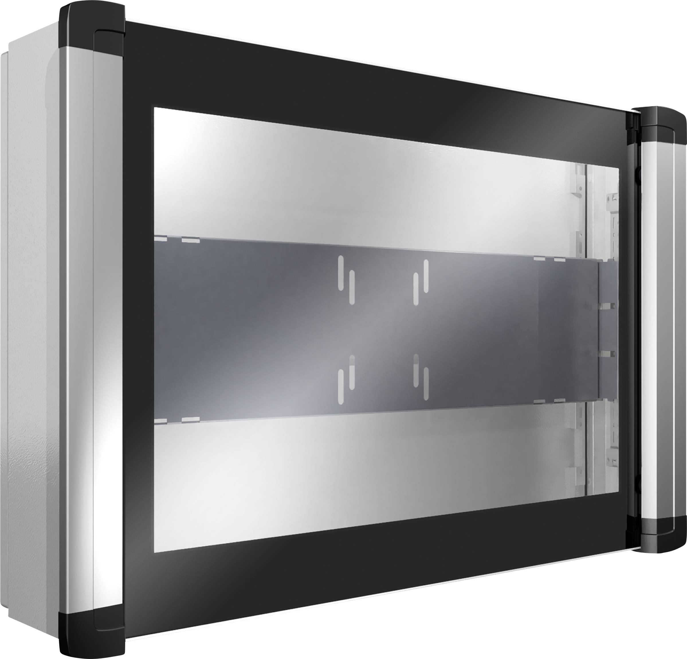 Ein silbernes und schwarzes Wandgehäuse aus Metall mit transparentem Glasdeckel, geeignet zur sicheren Aufbewahrung von Elektronik.