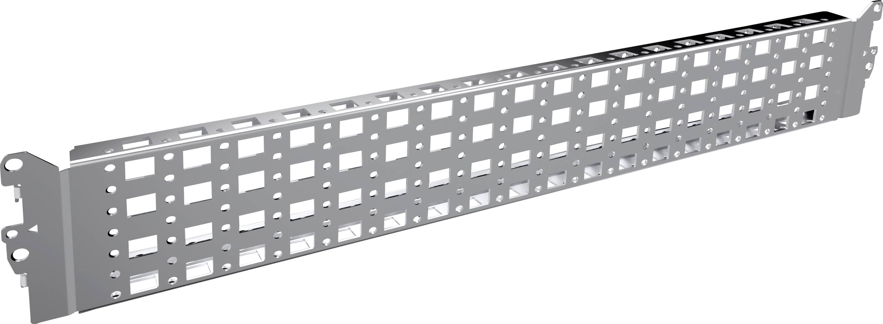 Ein silbernes 19-Zoll-Rack-Blindpaneel mit rechteckigen Lüftungsschlitzen zur Belüftung und Anpassung an verschiedene Konfigurationen.
