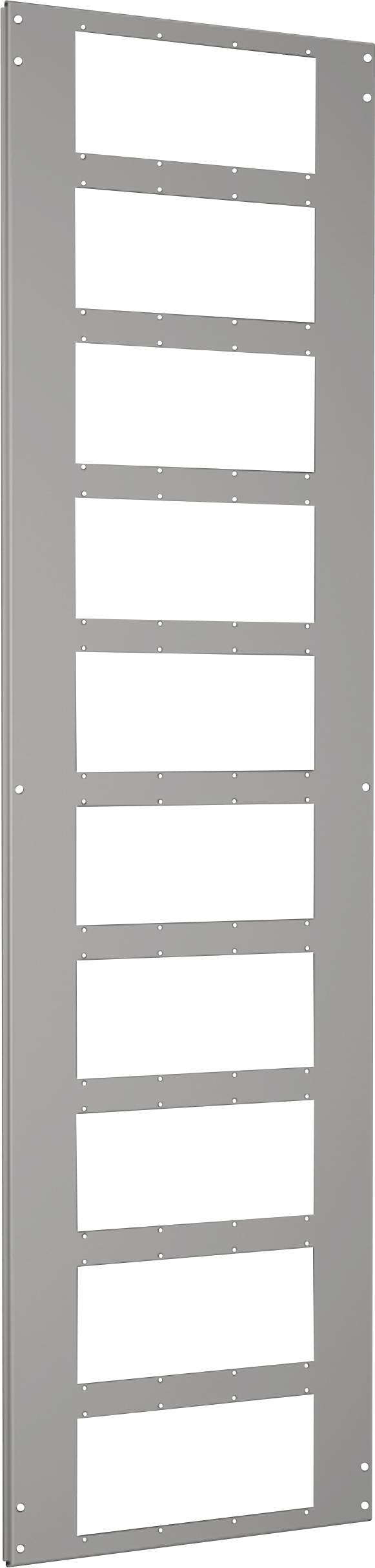 Metallplatte mit rechteckigen Aussparungen in einer vertikalen Reihe, möglicherweise ein Teil eines Regalsystems oder einer Halterung.