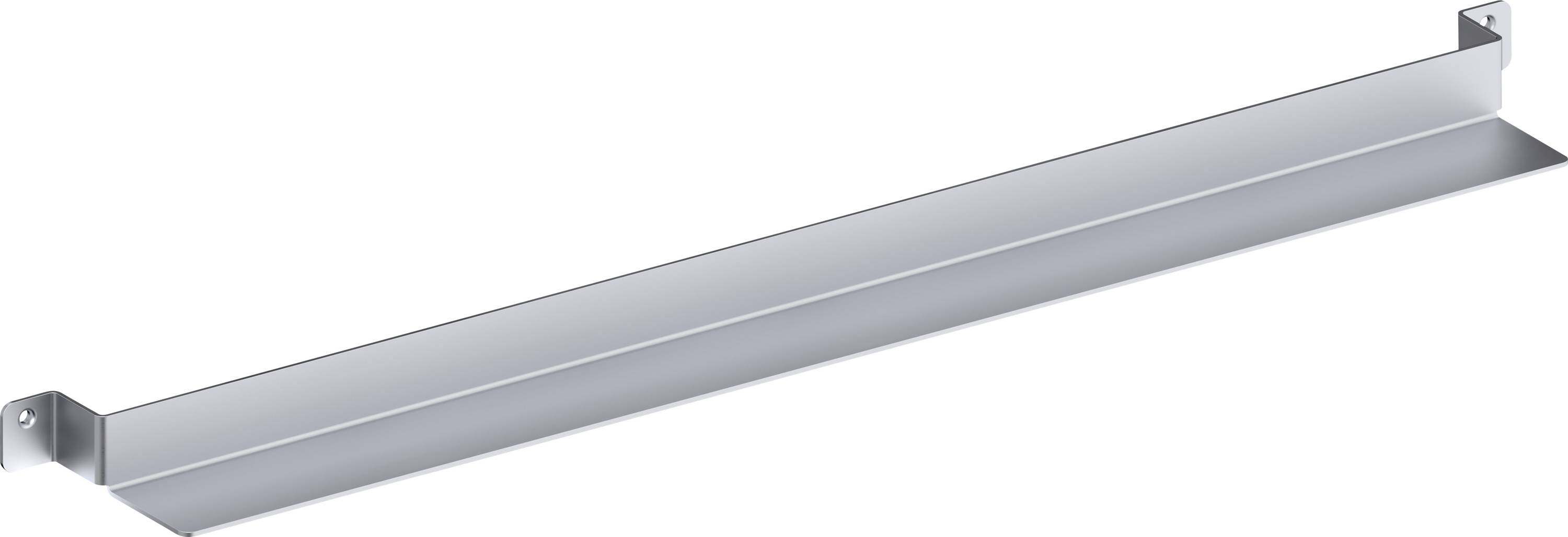 Metallischer Wandhalter für Regale, mit zwei gebogenen Befestigungswinkeln an den Enden, geeignet für diverse Regaltypen.