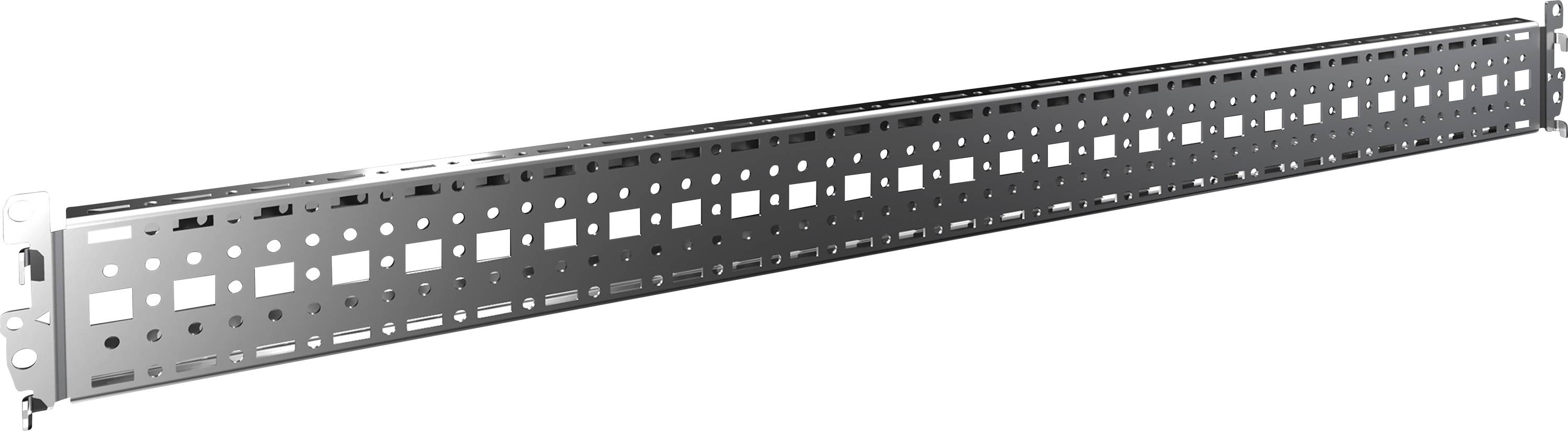Ein langes, metallisches Rack-Montagepanel mit mehreren rechteckigen und quadratischen Öffnungen für die Kabel- und Geräteverwaltung.