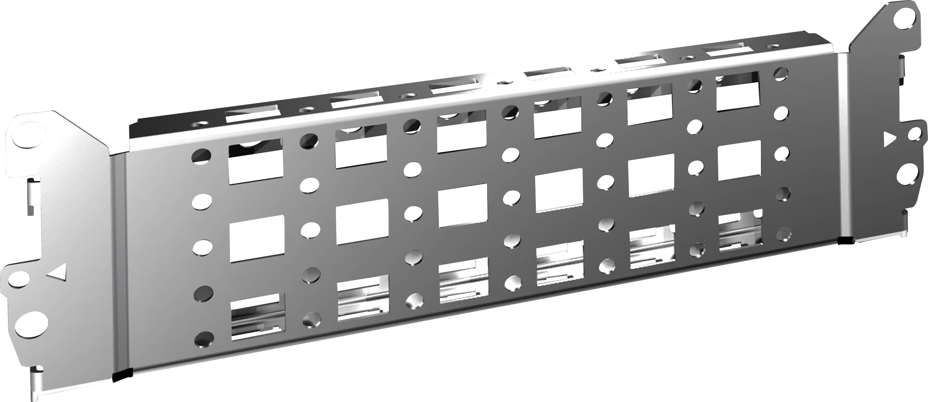 Metallhalterung mit rechteckigen und runden Öffnungen. Dient zur Befestigung oder Anordnung von Komponenten in technischen Geräten.