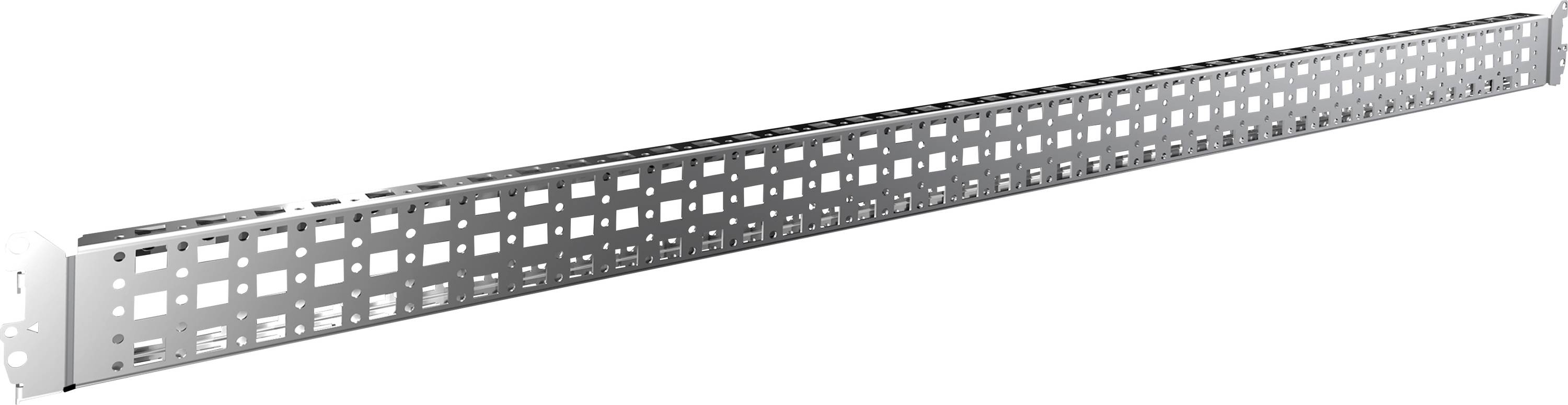 Metallschiene mit quadratischen und rechteckigen Löchern, verwendet zur Kabelführung oder Befestigung in technischen Installationen.