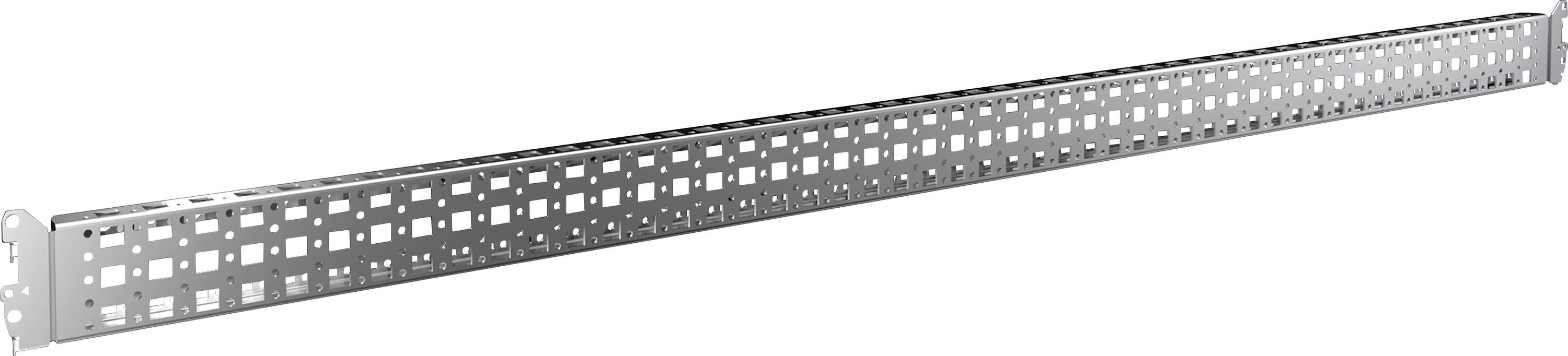 Metallschiene mit quadratischen und rechteckigen Löchern, vermutlich zur Befestigung oder als Halterung in technischen Anwendungen.