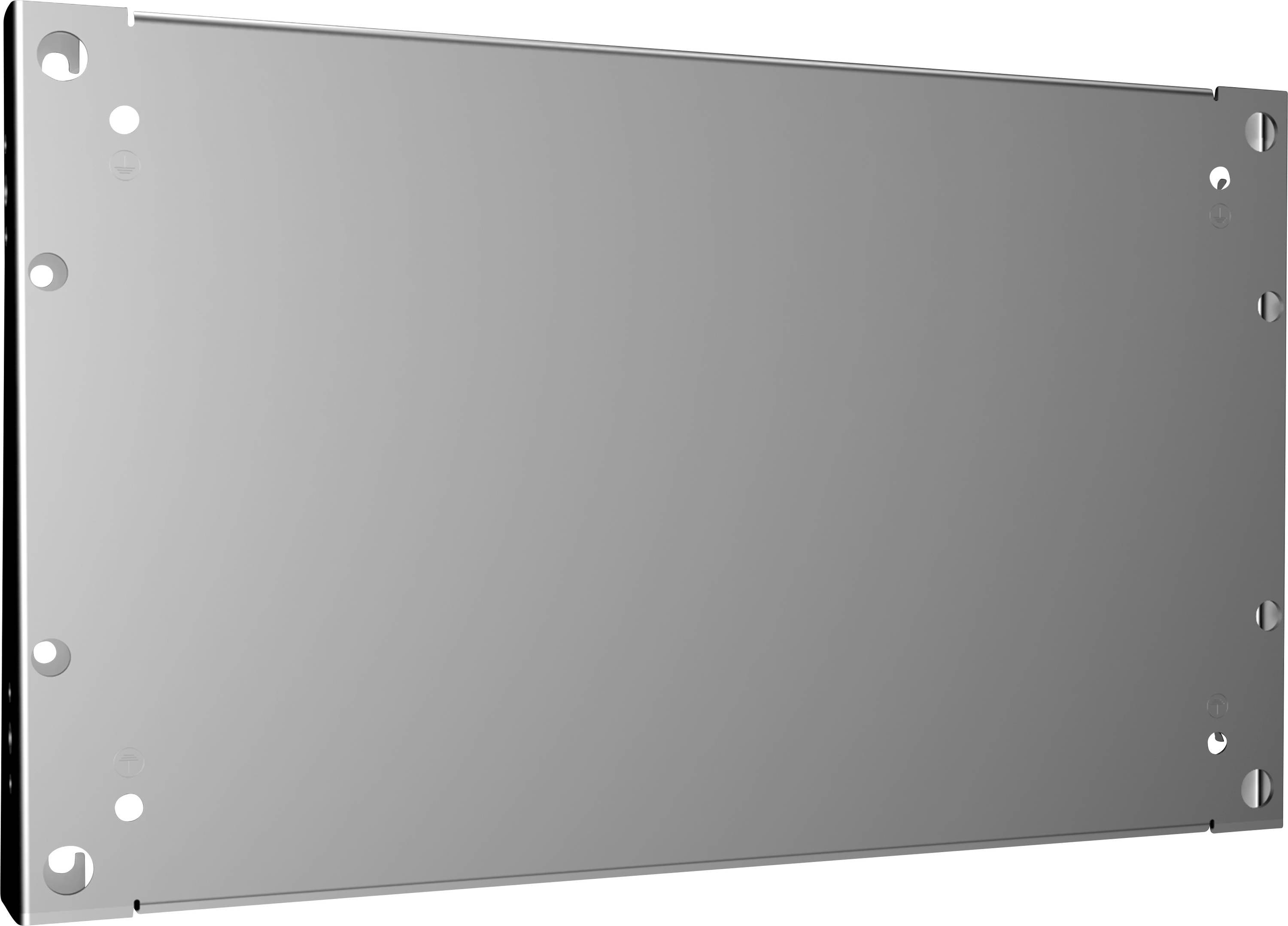 Eine rechteckige, silberne Metallplatte mit abgerundeten Ecken und mehreren Bohrlöchern an den Rändern.