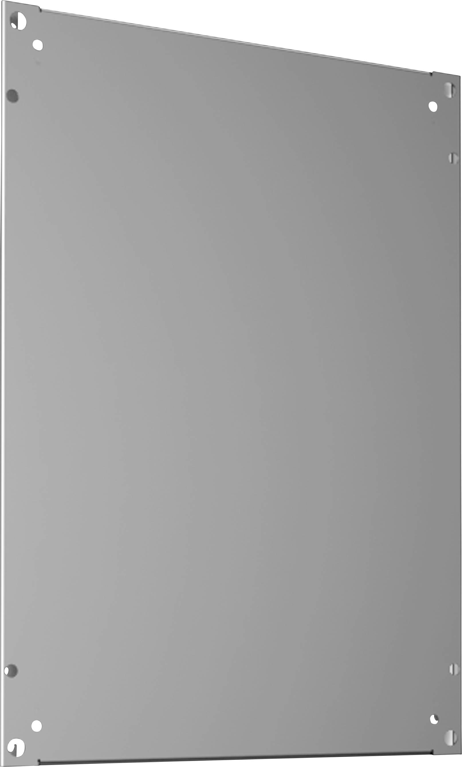 Graue Metallplatte mit abgerundeten Ecken und kleinen Löchern an den Rändern.