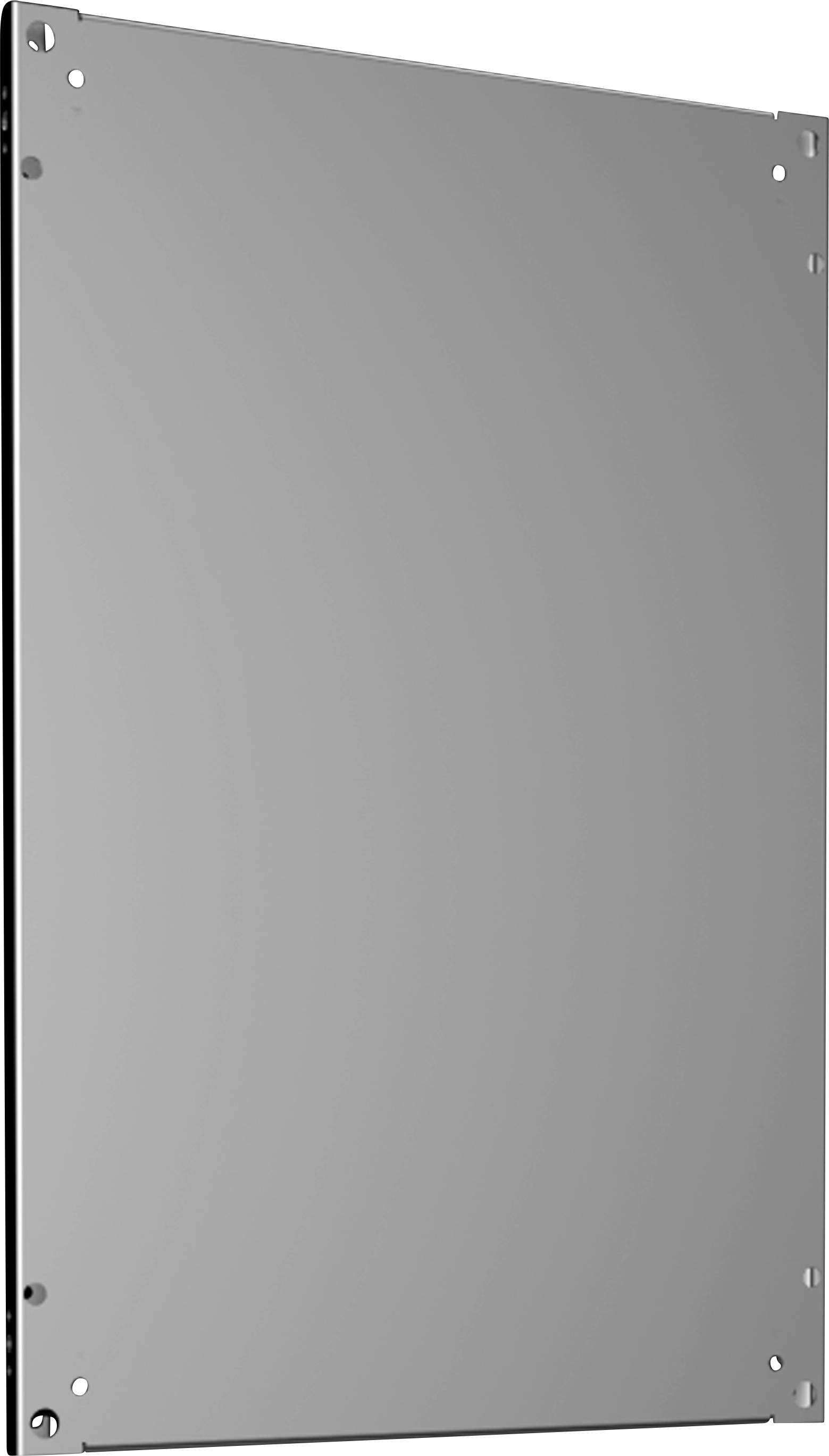 Glänzende rechteckige Metallplatte mit abgerundeten Ecken und kleinen Löchern in jeder Ecke zur Befestigung.