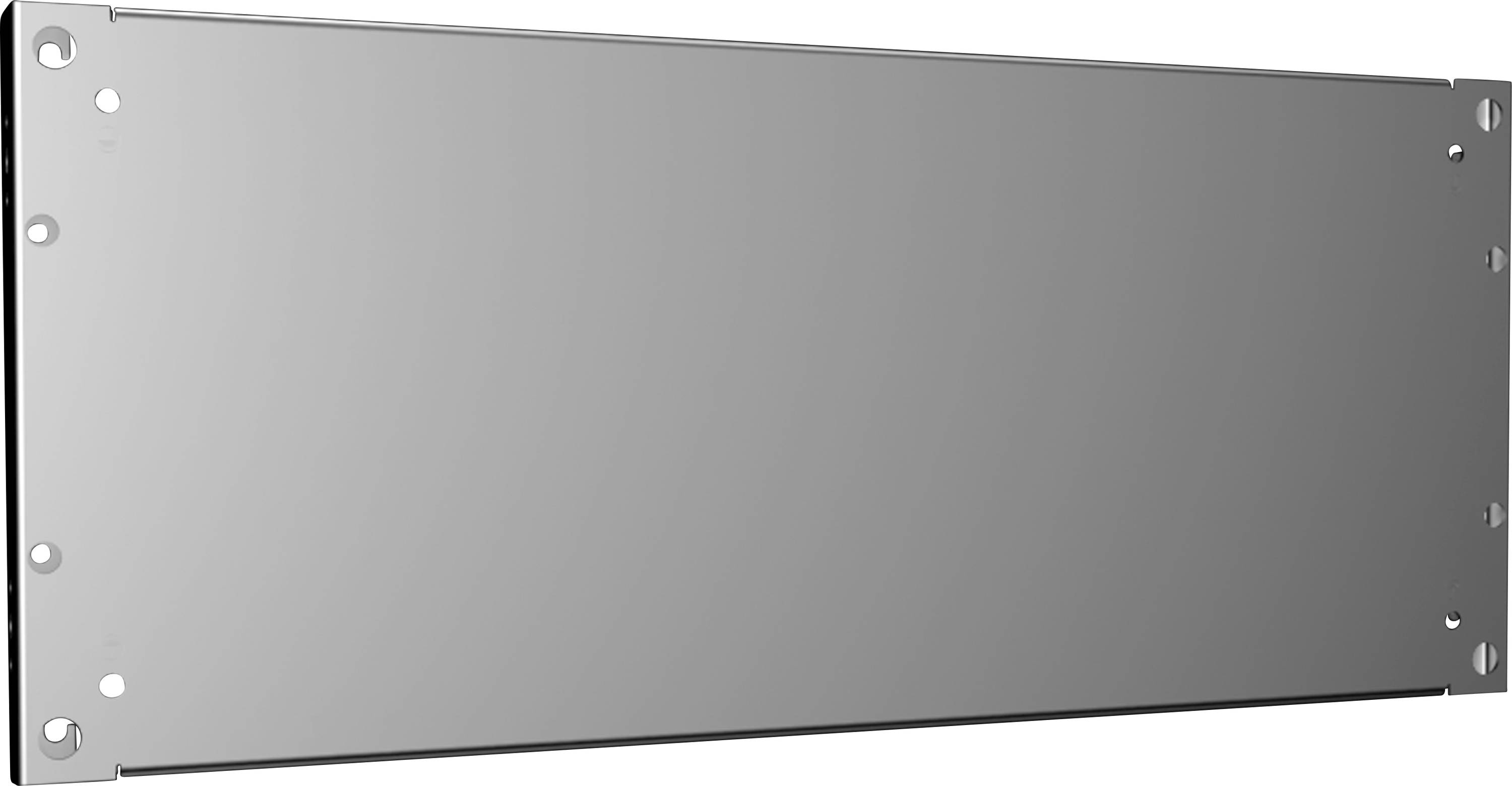 Metallplatte mit mehreren Löchern an den Rändern, rechteckige Form. Möglicherweise Abdeckung oder Oberfläche eines Geräts.